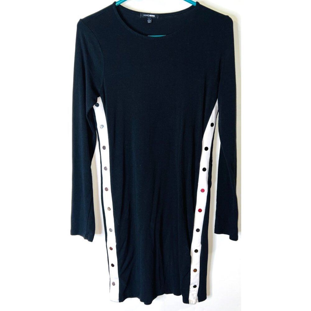 Fashion Nova Black Long Sleeve Dress  White Side Stripes & Metal Snaps Large